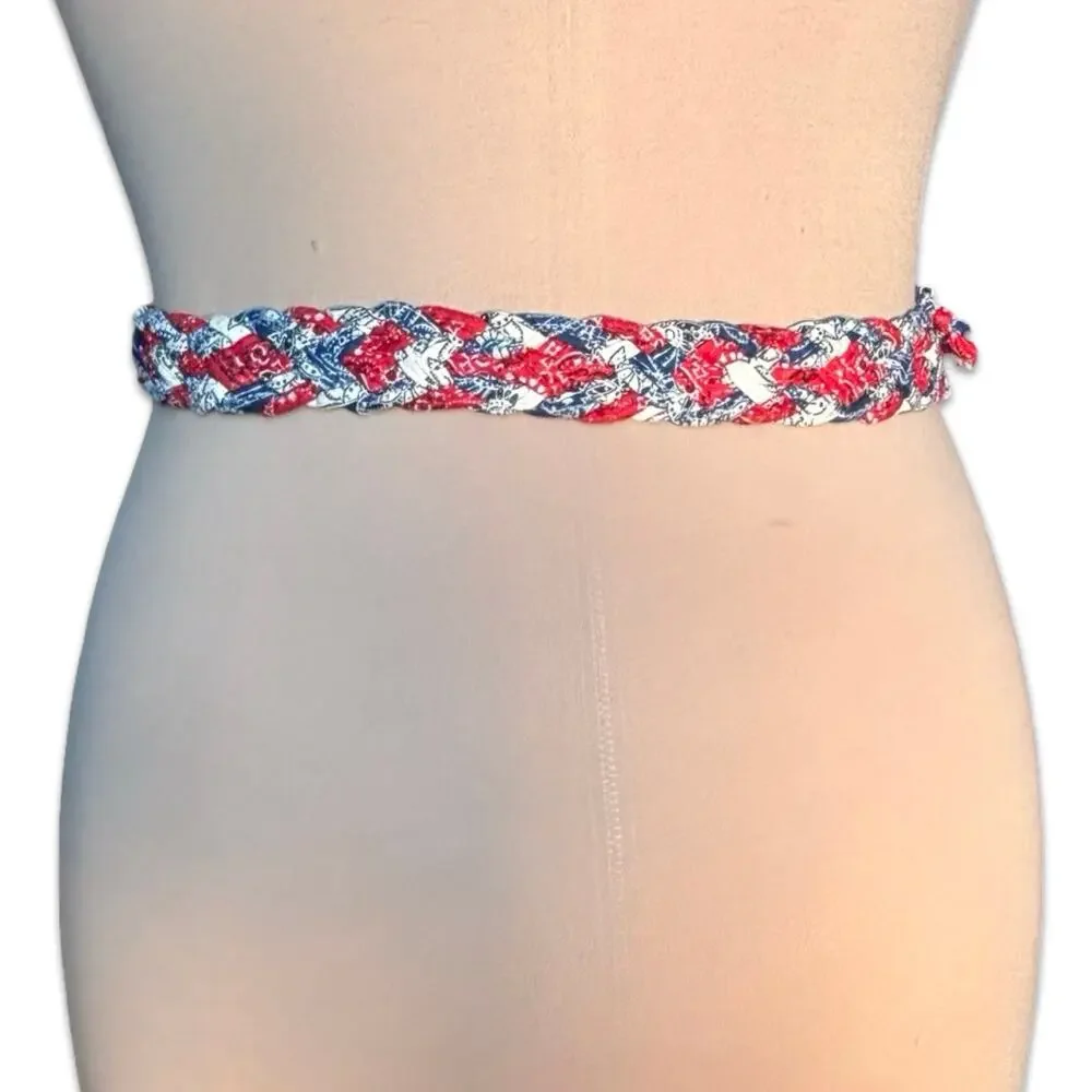 Braided Bandana Print Fabric Belt Red White Blue D Ring Size 7 Western Americana